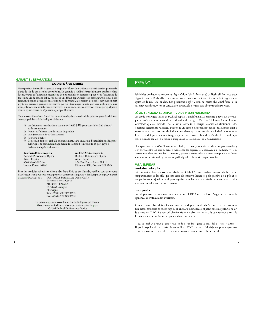 Bushnell 26-2024W, 26-4050 Español, Garantie / Réparations, Cómo Funciona EL Dispositivo DE Visión Nocturna, Para Empezar 