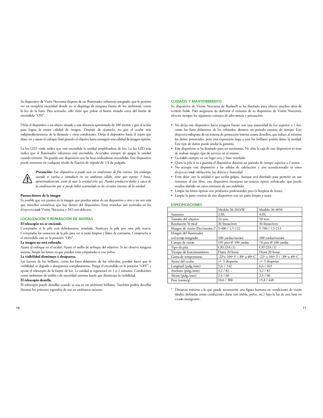 Bushnell 26-4050, 26-2024W instruction manual Localización Y Reparación DE AV E R Í a S, Cuidado Y Mantenimiento 