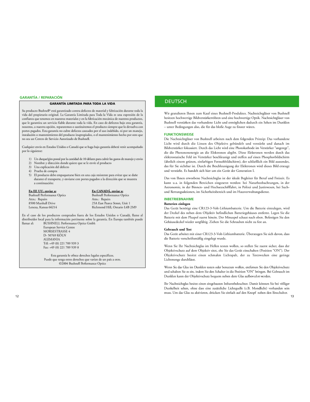 Bushnell 26-2024W, 26-4050 instruction manual Deutsch, Garantía / Reparación, Funktionsweise, Inbetriebnahme 