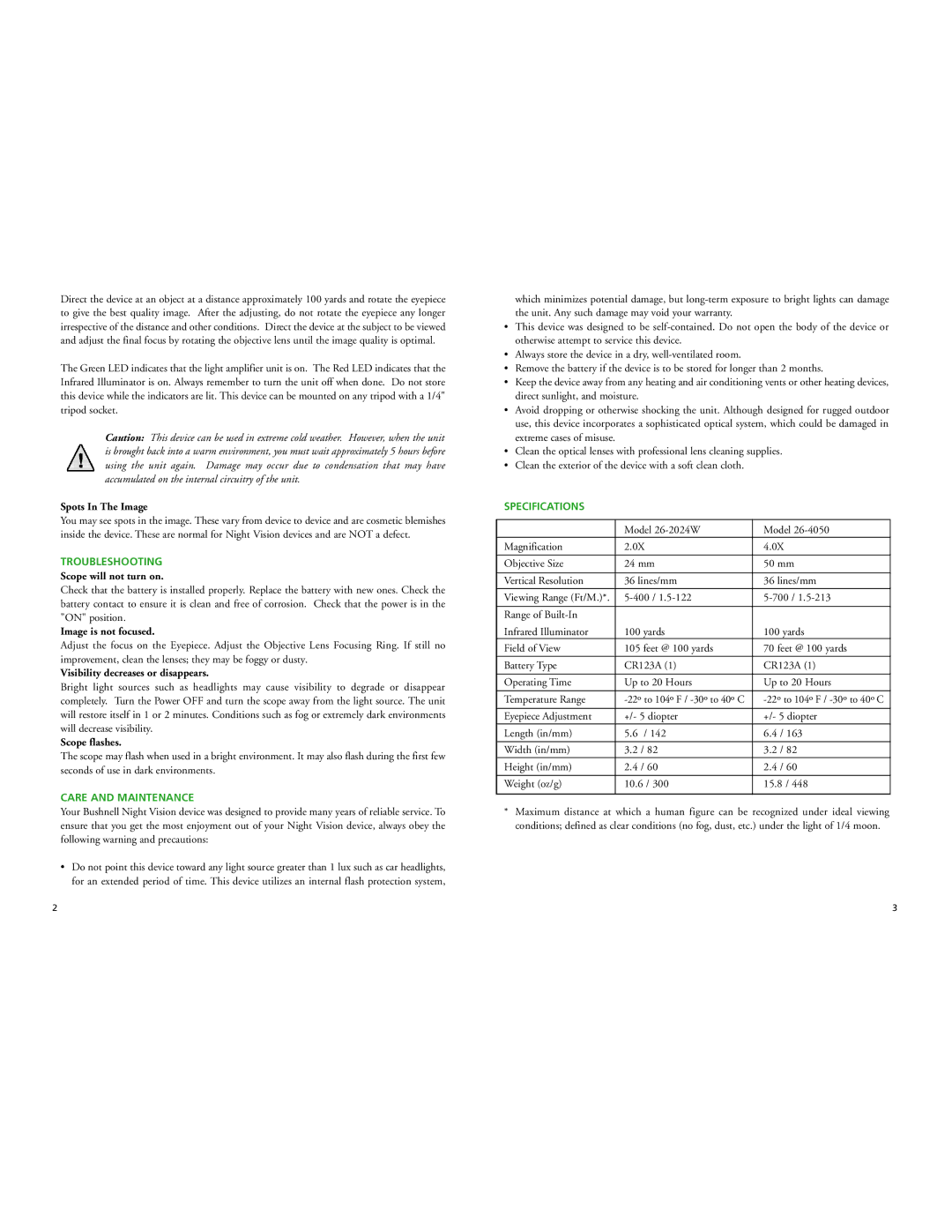 Bushnell 26-4050, 26-2024W instruction manual Troubleshooting, Care and Maintenance, Specifications 