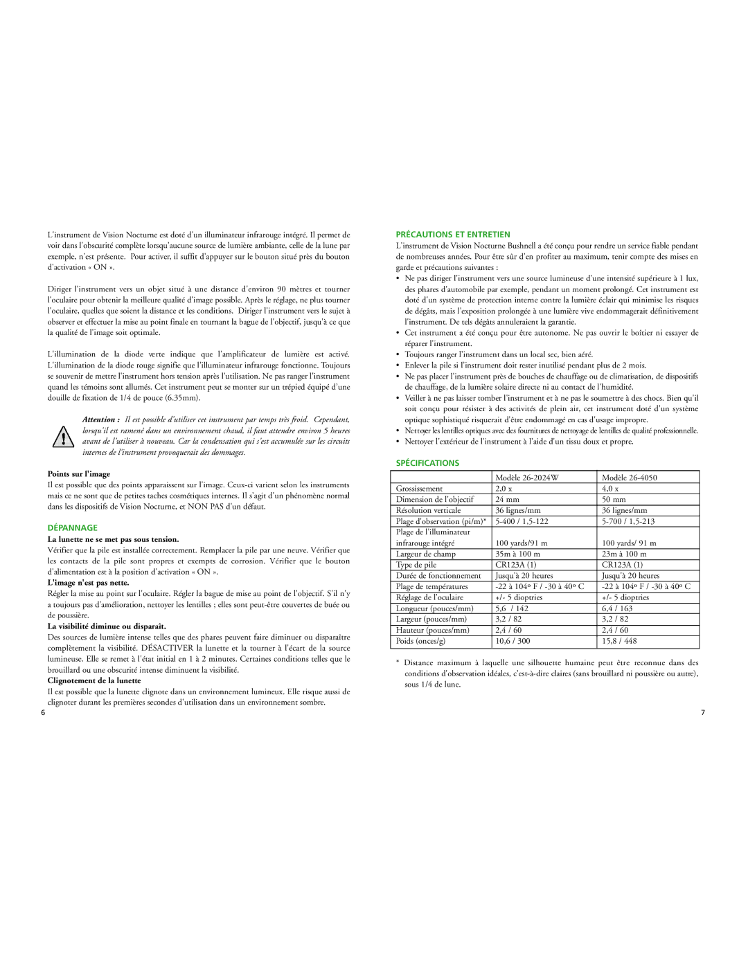 Bushnell 26-4050, 26-2024W instruction manual Dépannage, Précautions ET Entretien, Spécifications 
