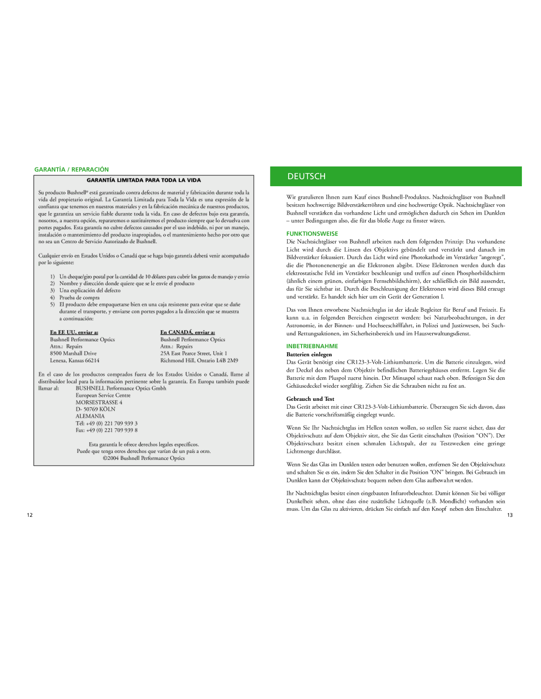 Bushnell 26-2024W, 26-4050 instruction manual Deutsch, Garantía / Reparación, Funktionsweise, Inbetriebnahme 