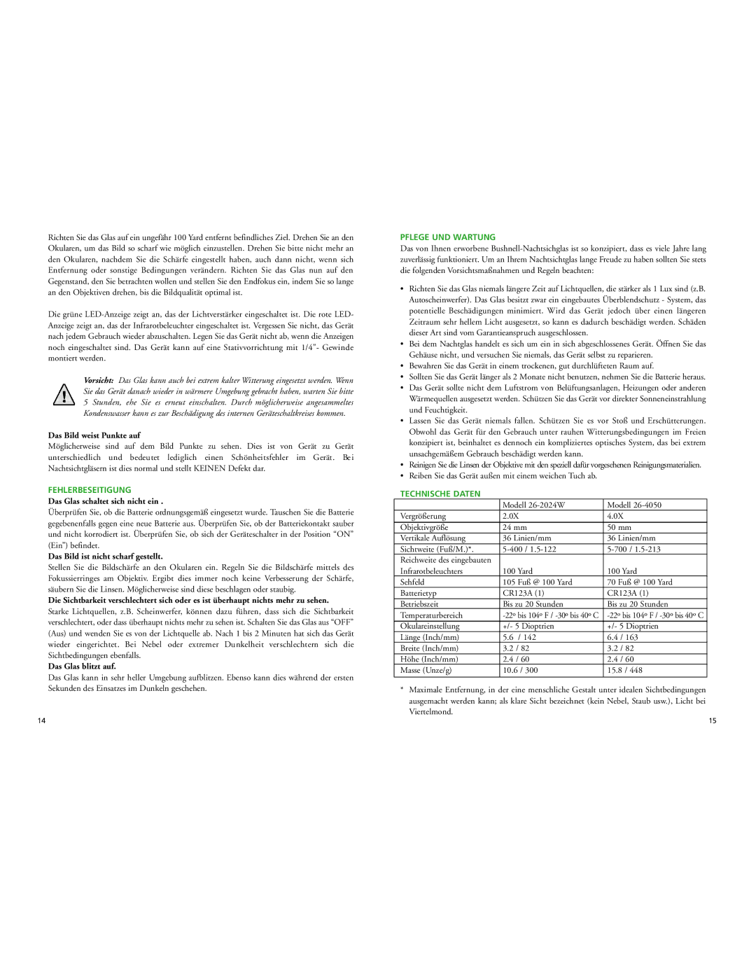 Bushnell 26-4050, 26-2024W instruction manual Fehlerbeseitigung, Pflege UND Wartung, Technische Daten 