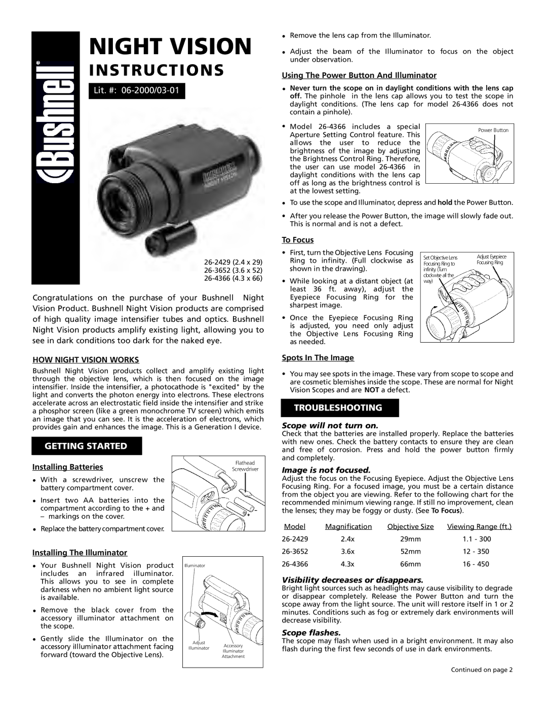 Bushnell 26-4366, 26-2429, 26-3652 manual Troubleshooting, Getting Started 