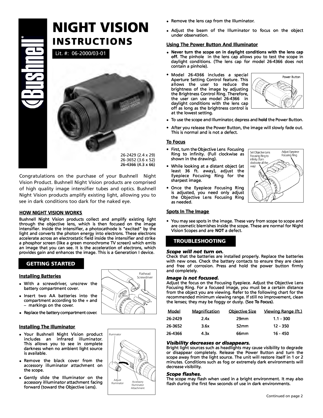 Bushnell 26-4366 manual Troubleshooting, Getting Started, Night Vision, Instructions, Lit. # 06-2000/03-01, To Focus 