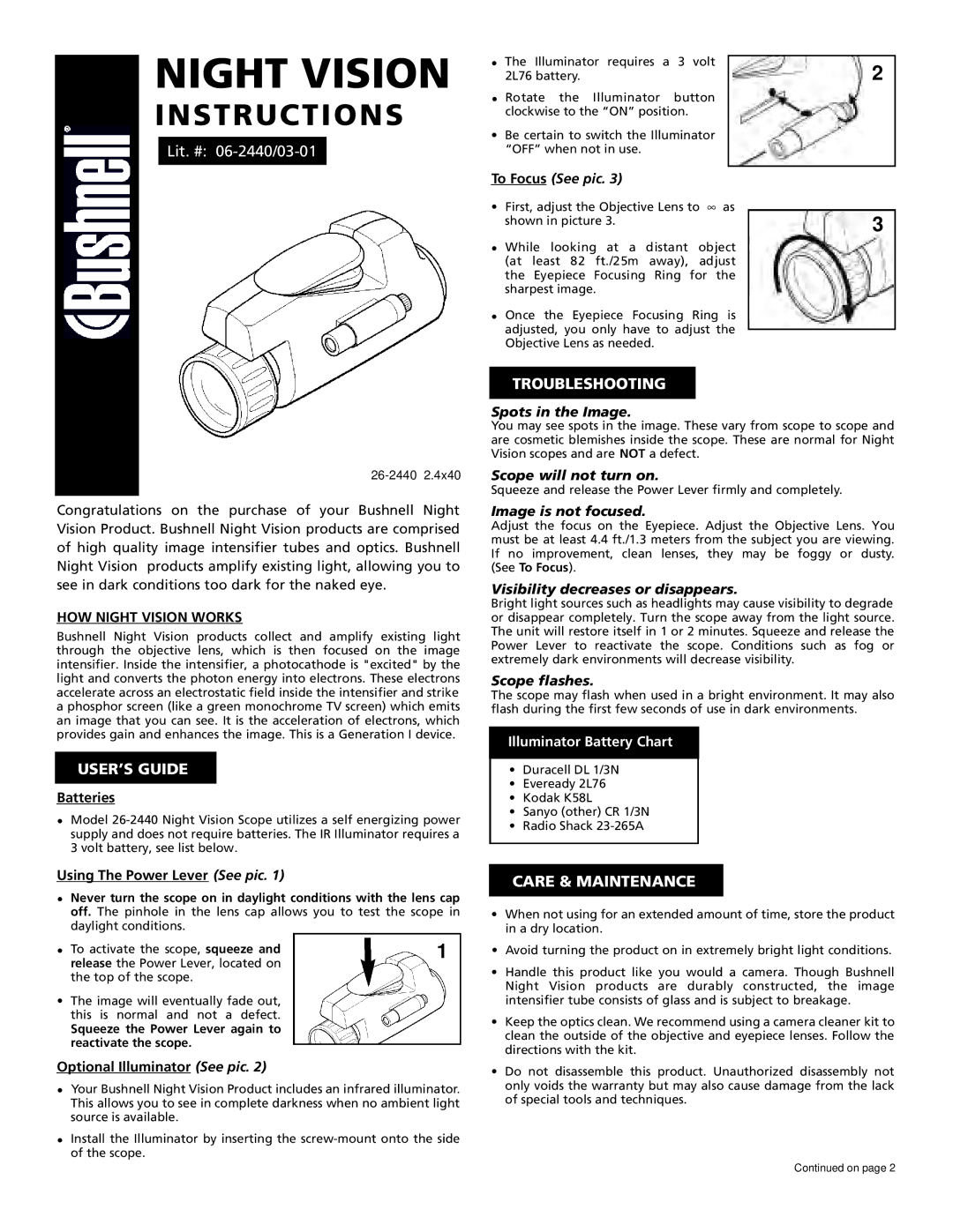 Bushnell 26-2440 warranty USER’S Guide, Troubleshooting, Care & Maintenance 