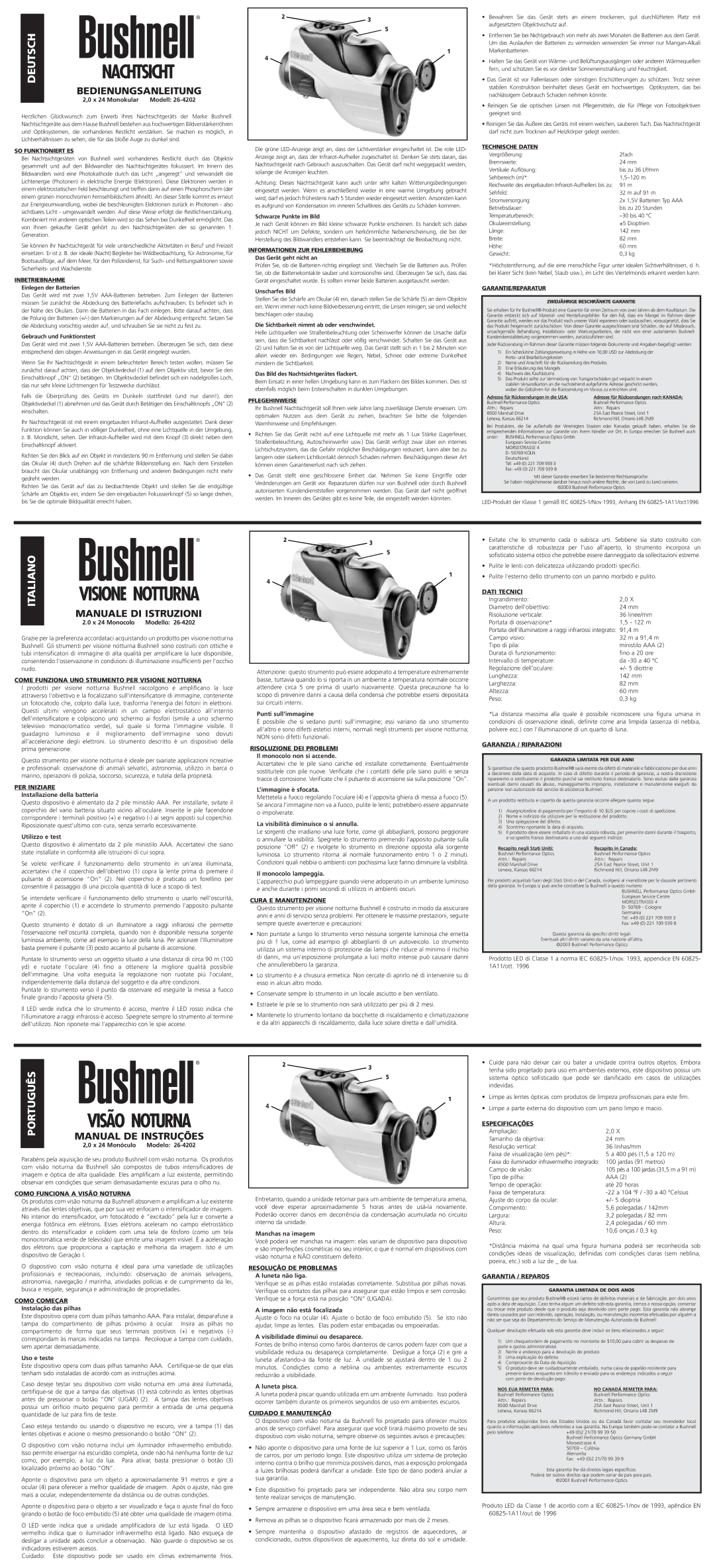 Bushnell 26-4202 Come Funziona UNO Strumento PER Visione Notturna, PER Iniziare, Risoluzione DEI Problemi, Dati Tecnici 