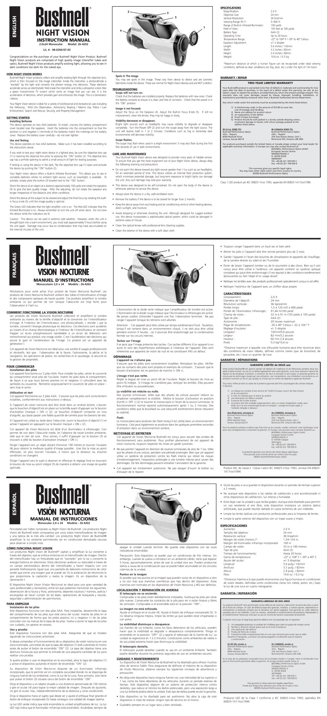 Bushnell 26-4202 instruction manual HOW Night Vision Works, Getting Started, Troubleshooting, Care and Maintenance 