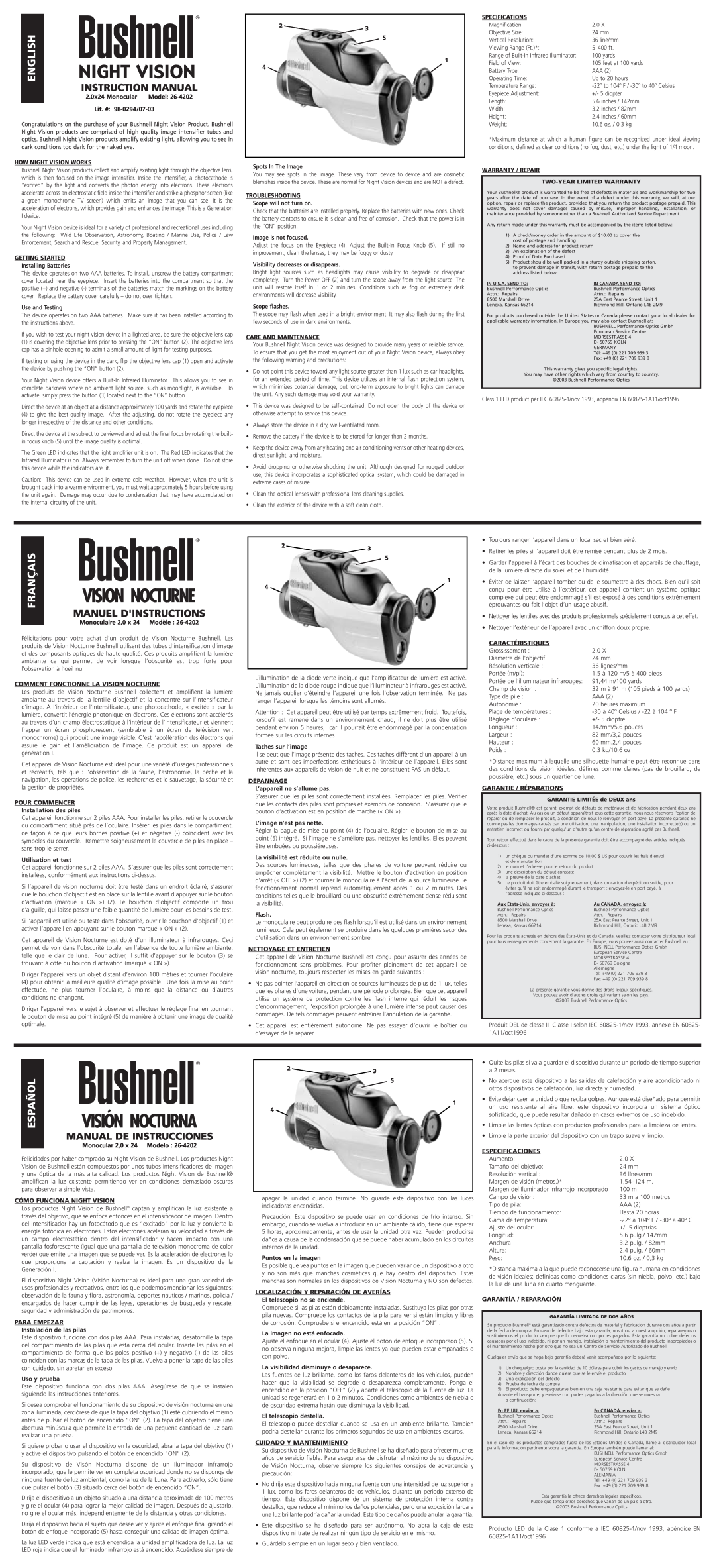 Bushnell 26-4202 instruction manual Vision Nocturne, English, Français, Español, Instruction Manual, Manuel Dinstructions 