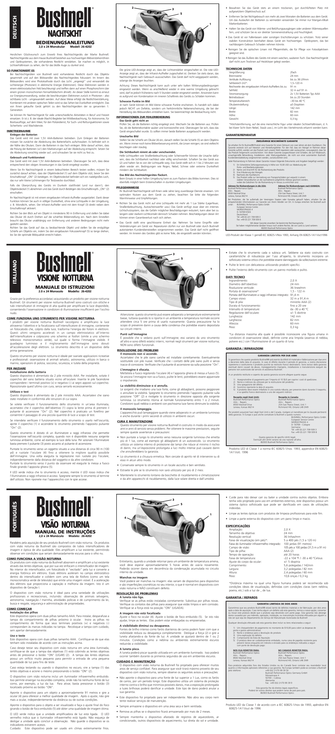 Bushnell 26-4202 Visione Notturna, Visão Noturna, Deutsch, Italiano, Português, Bedienungsanleitung, Manuale Di Istruzioni 