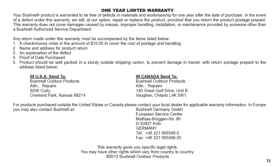 Bushnell 260150, 260140 instruction manual ONE Year Limited Warranty, U.S.A. Send To Canada Send To 