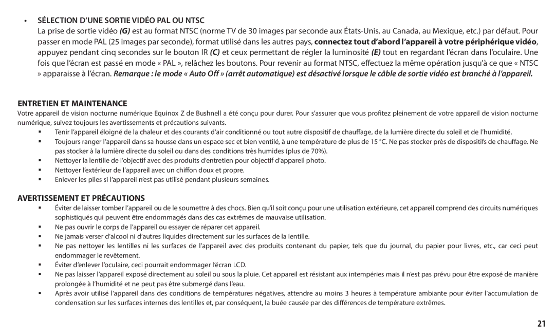 Bushnell 260150, 260140 Sélection D’UNE Sortie Vidéo PAL OU Ntsc, Entretien ET Maintenance, Avertissement ET Précautions 