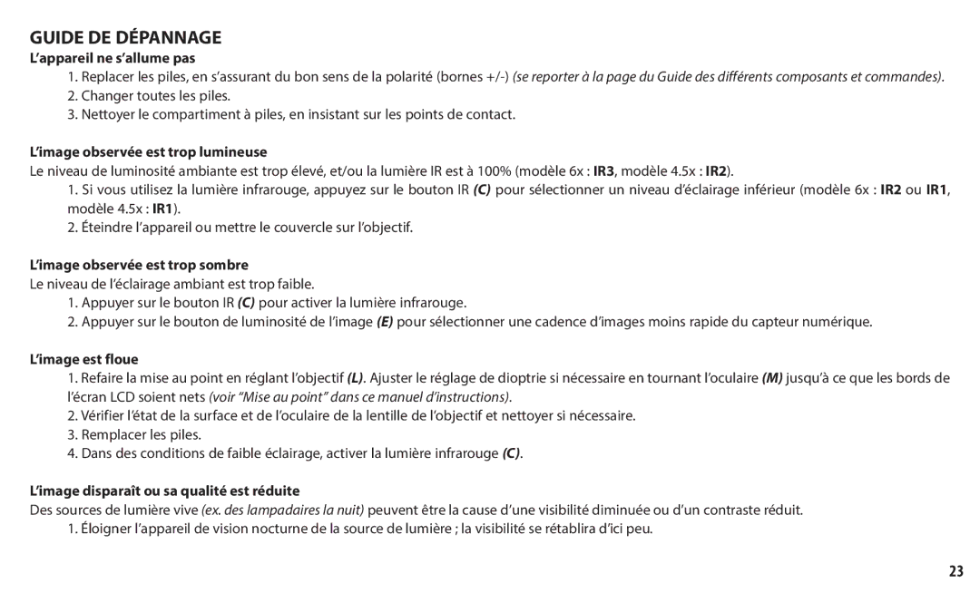 Bushnell 260150, 260140 instruction manual Guide DE Dépannage 