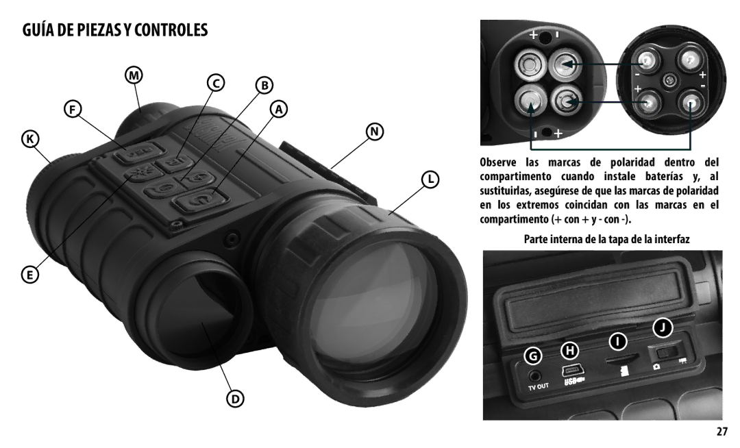 Bushnell 260150, 260140 instruction manual Guía DE Piezas Y Controles, Observe las marcas de, Instale baterías y 