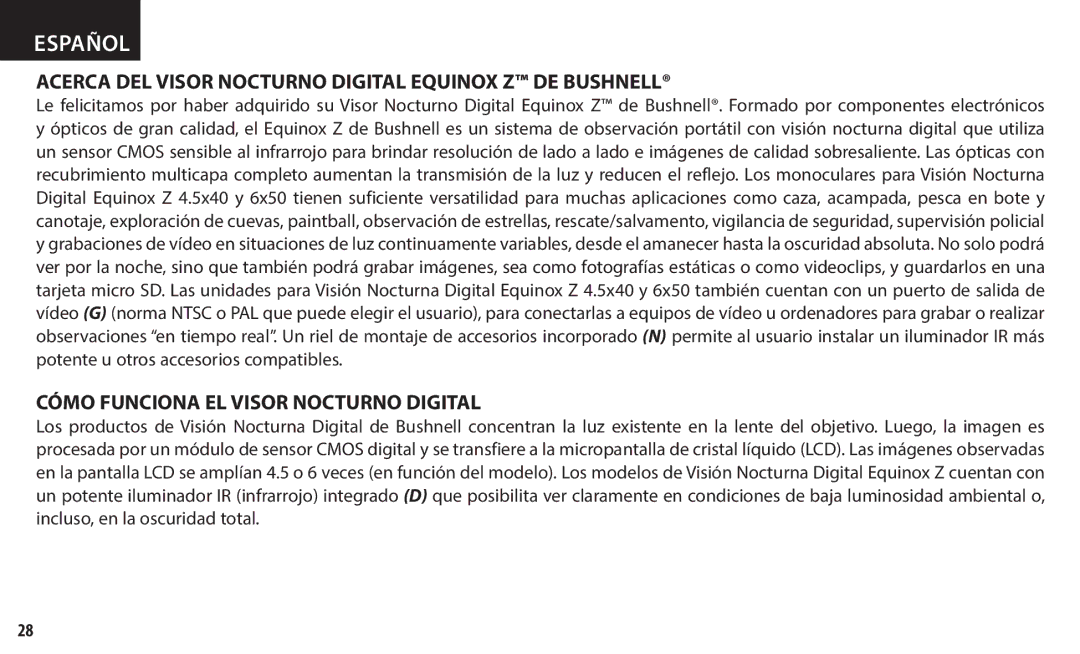 Bushnell 260140, 260150 Acerca DEL Visor Nocturno Digital Equinox Z DE Bushnell, Cómo Funciona EL Visor Nocturno Digital 