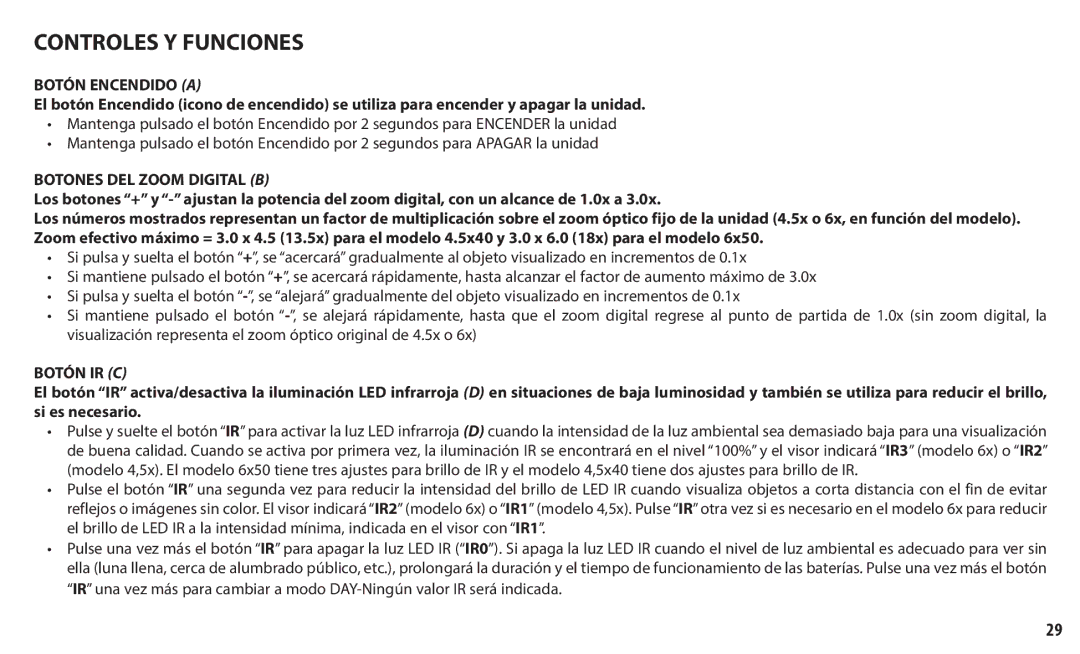 Bushnell 260150, 260140 instruction manual Botón Encendido a, Botones DEL Zoom Digital B, Botón IR C 