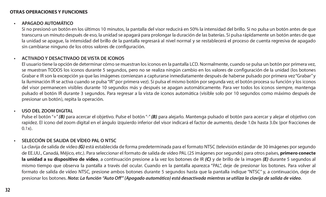 Bushnell 260140, 260150 Otras Operaciones Y Funciones Apagado Automático, Activado Y Desactivado DE Vista DE Iconos 