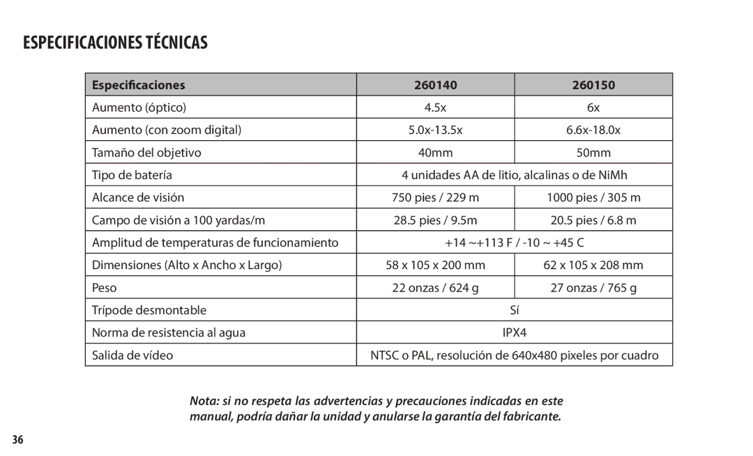 Bushnell instruction manual Especificaciones Técnicas, Especificaciones 260140 260150 