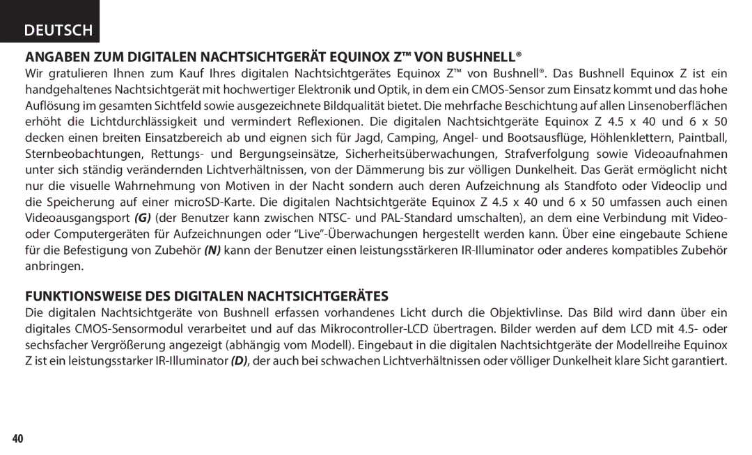 Bushnell 260140, 260150 instruction manual Angaben ZUM Digitalen Nachtsichtgerät Equinox Z VON Bushnell 