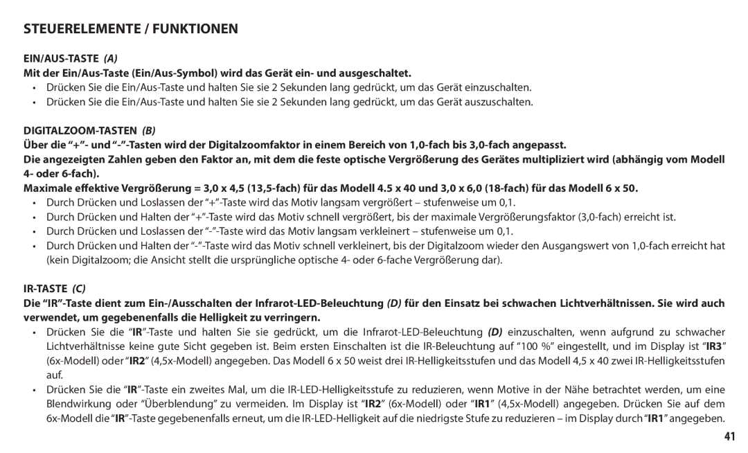 Bushnell 260150, 260140 instruction manual Steuerelemente / Funktionen, EIN/AUS-TASTE a, Digitalzoom-Tasten B, Ir-Taste C 