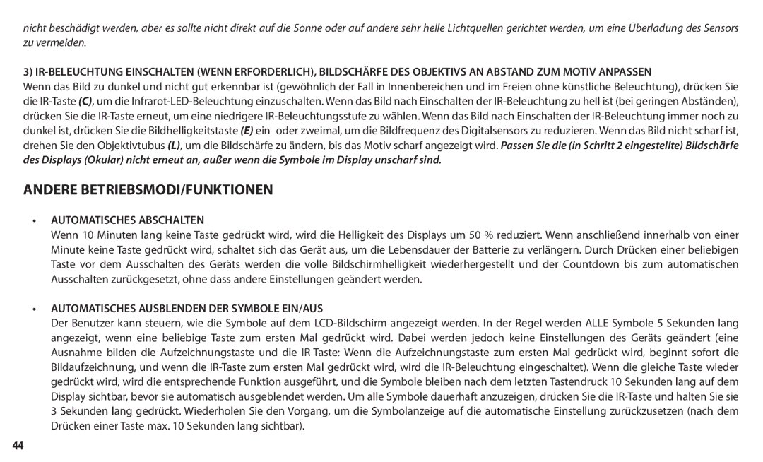 Bushnell 260140 Andere BETRIEBSMODI/FUNKTIONEN, Automatisches Abschalten, Automatisches Ausblenden DER Symbole EIN/AUS 