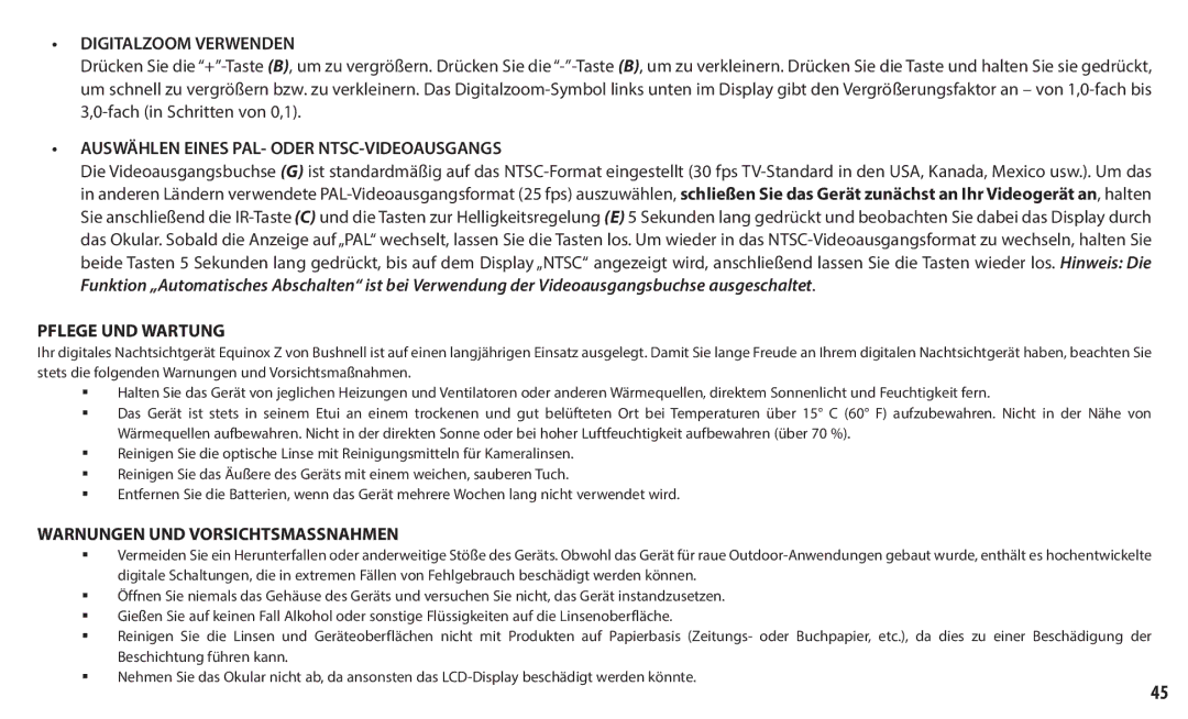 Bushnell 260150, 260140 Digitalzoom Verwenden, Auswählen Eines PAL- Oder NTSC-VIDEOAUSGANGS, Pflege UND Wartung 