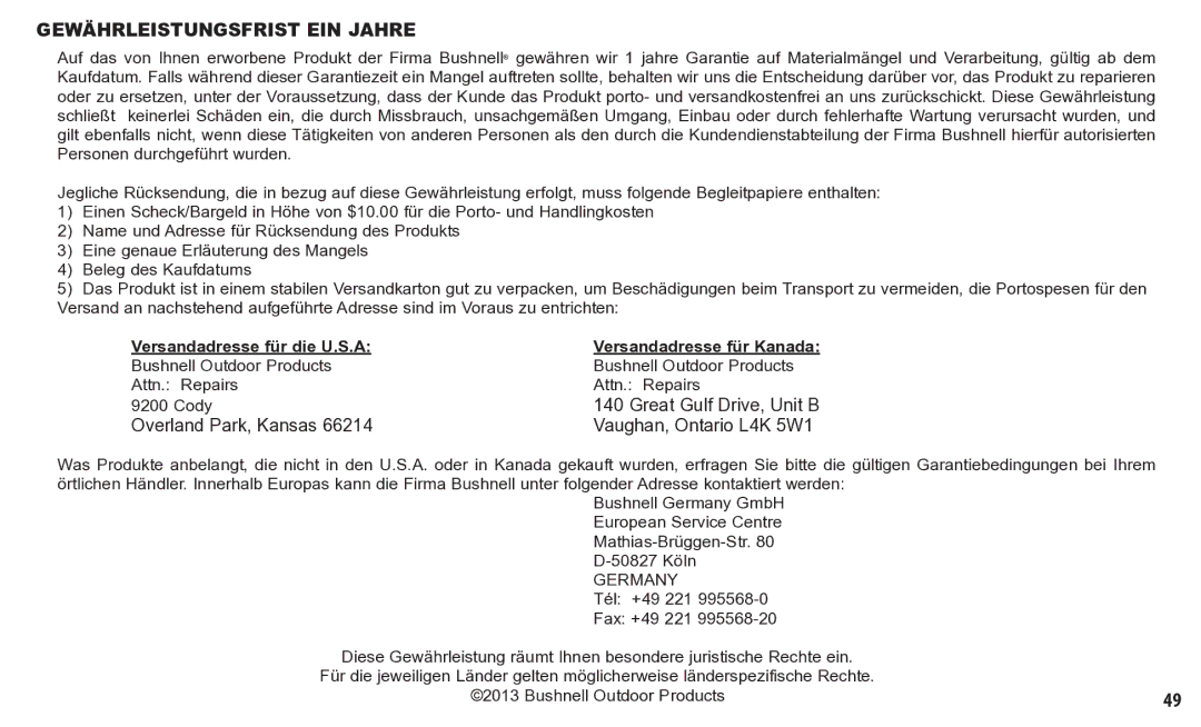 Bushnell 260150, 260140 instruction manual Gewährleistungsfrist EIN Jahre, Versandadresse für die U.S.A 