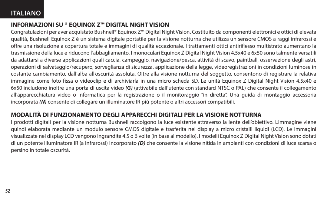 Bushnell 260140, 260150 instruction manual Italiano, Informazioni SU Equinox Z Digital Night Vision 