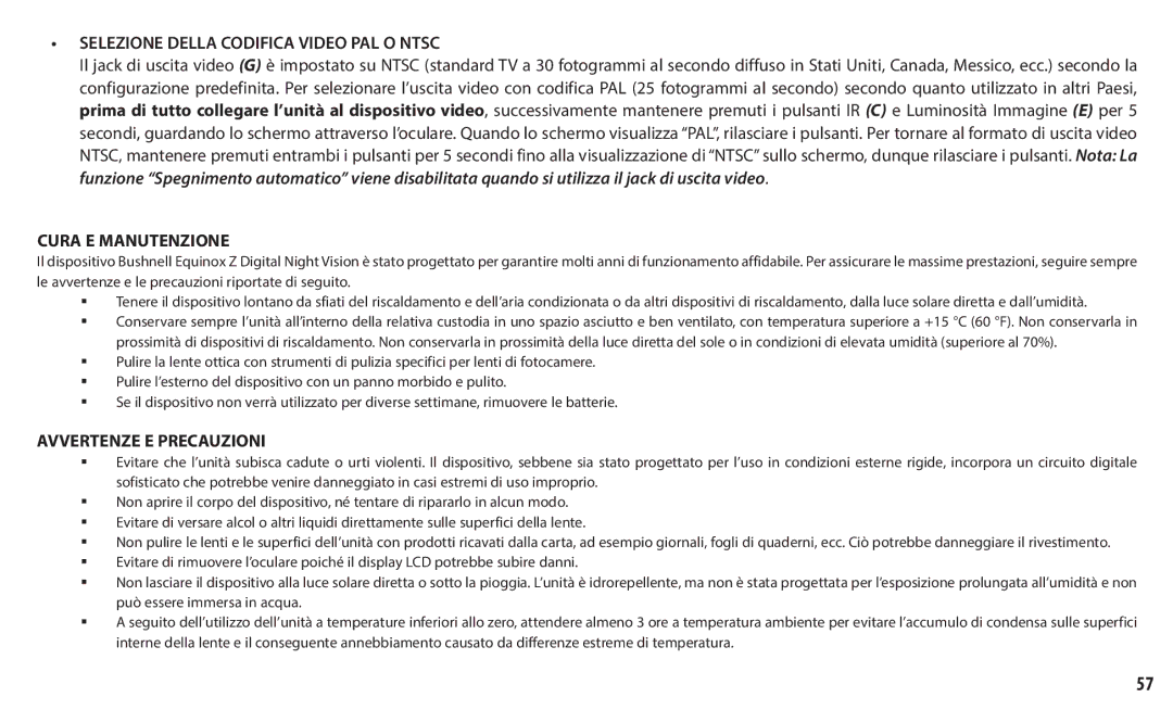 Bushnell 260150, 260140 Selezione Della Codifica Video PAL O Ntsc, Cura E Manutenzione, Avvertenze E Precauzioni 