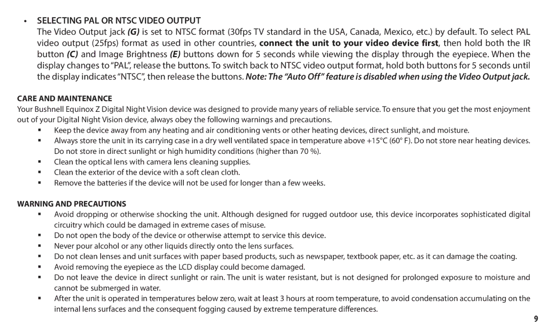 Bushnell 260150, 260140 instruction manual Selecting PAL or Ntsc Video Output, Care and Maintenance 