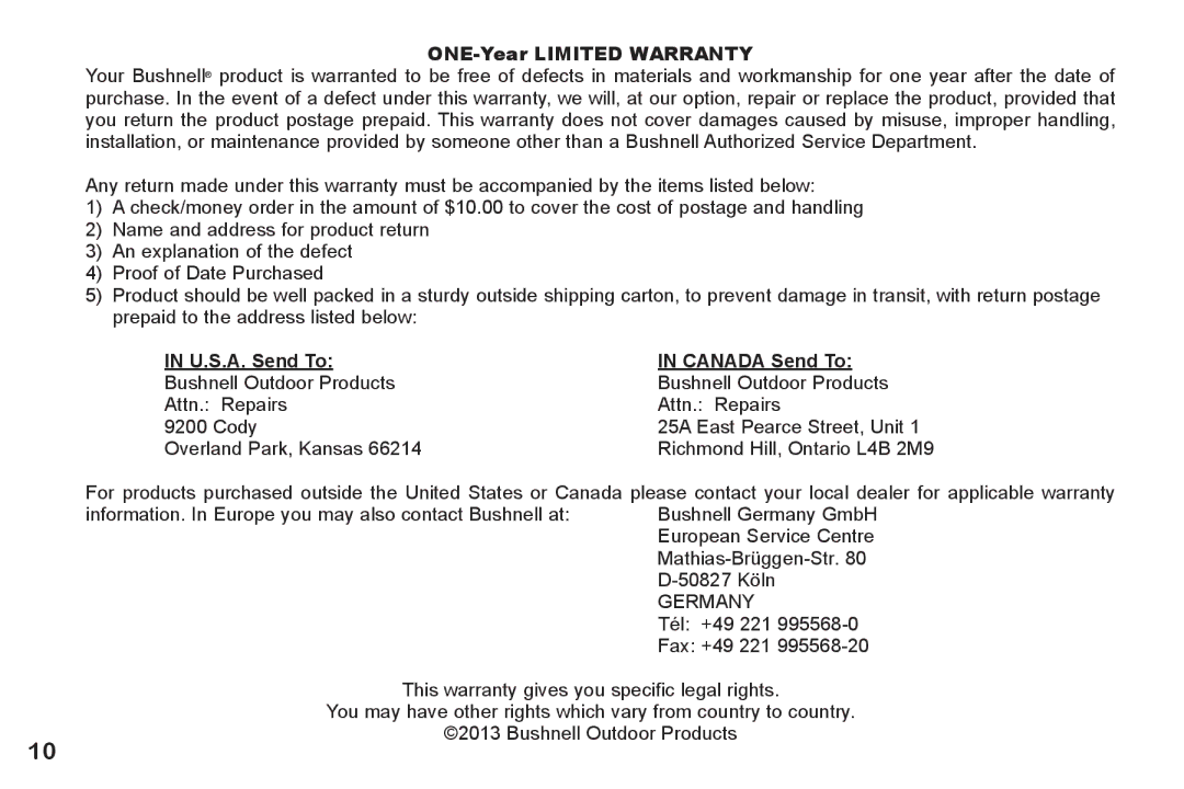 Bushnell 260228 instruction manual ONE-Year Limited Warranty 