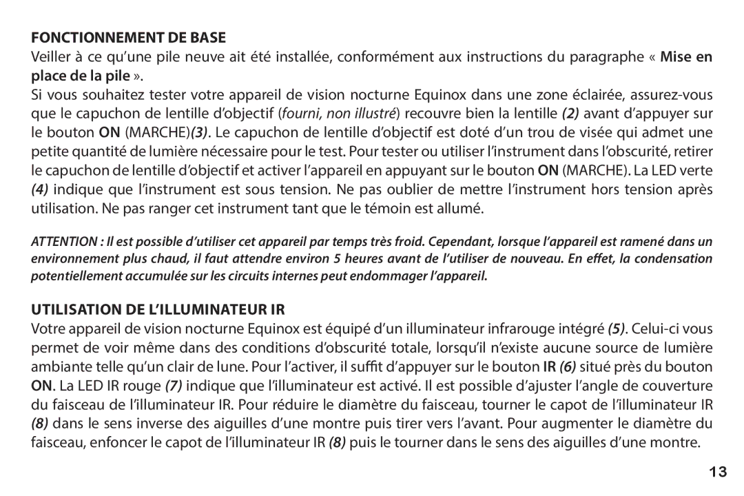 Bushnell 260228 instruction manual Fonctionnement DE Base, Utilisation de l’illuminateur IR 