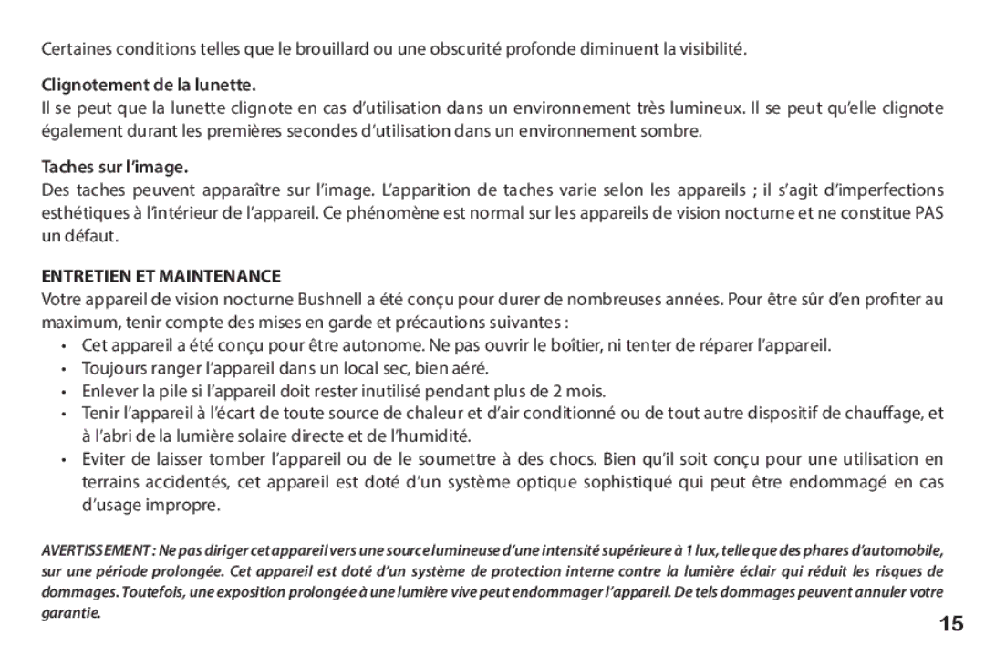 Bushnell 260228 instruction manual Clignotement de la lunette, Taches sur l’image 