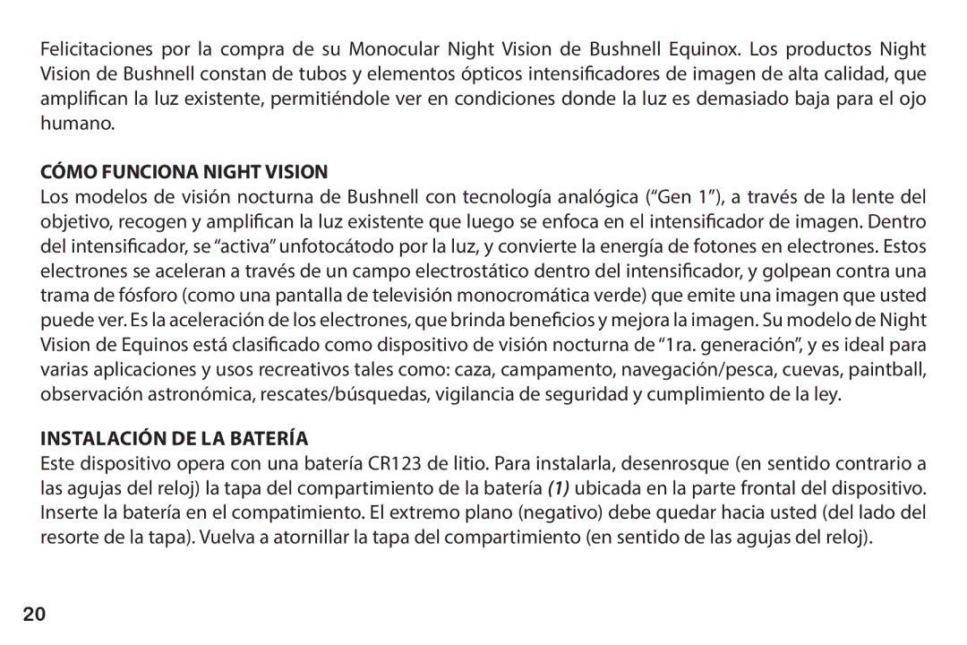 Bushnell 260228 instruction manual Cómo Funciona Night Vision, Instalación de la batería 