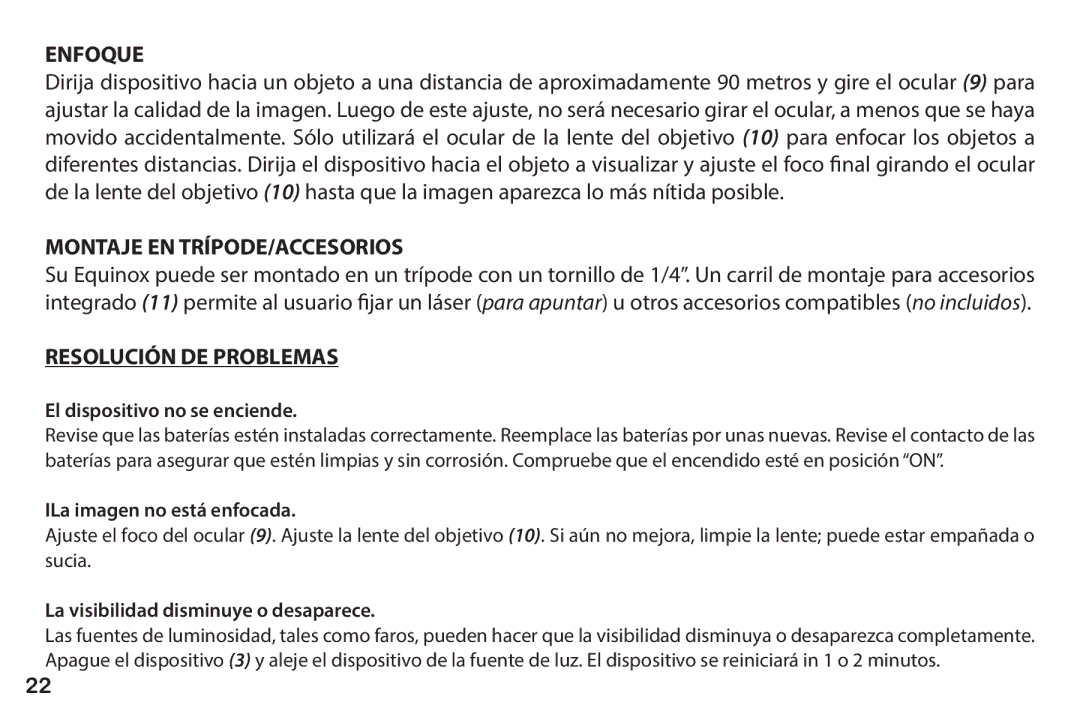 Bushnell 260228 instruction manual Enfoque, Montaje EN TRÍPODE/ACCESORIOS, Resolución DE Problemas 