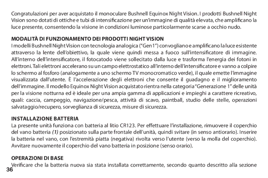 Bushnell 260228 Modalità DI Funzionamento DEI Prodotti Night Vision, Installazione batteria, Operazioni DI Base 