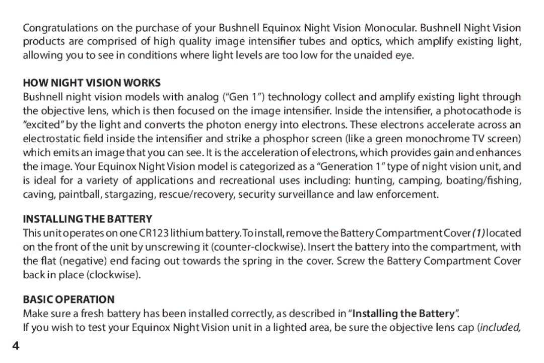 Bushnell 260228 instruction manual HOW Night Vision Works, Installing the Battery, Basic Operation 