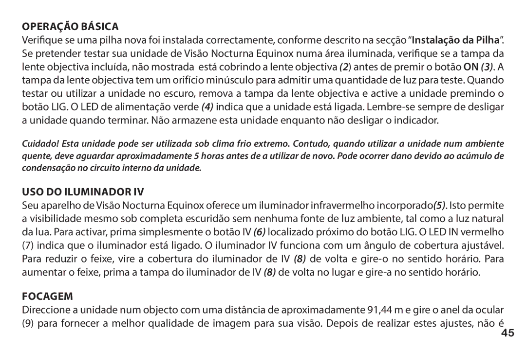 Bushnell 260228 instruction manual Operação Básica, Uso do Iluminador, Focagem 