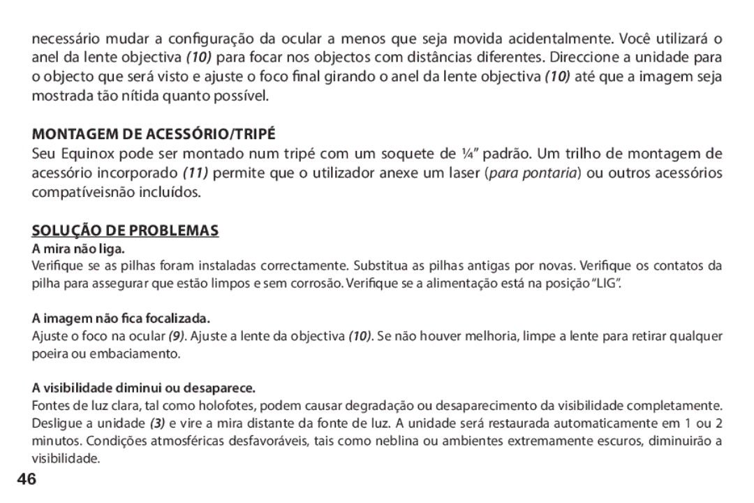 Bushnell 260228 Montagem de Acessório/Tripé, Solução de Problemas, Mira não liga, Imagem não fica focalizada 