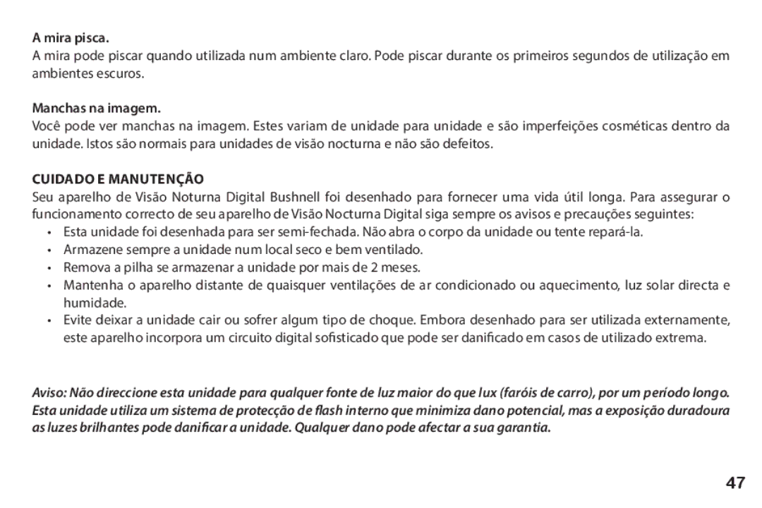 Bushnell 260228 instruction manual Mira pisca, Manchas na imagem, Cuidado e Manutenção 