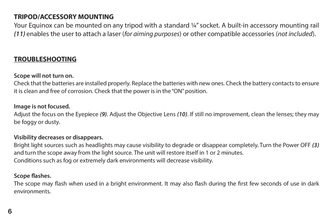 Bushnell 260228 instruction manual TRIPOD/ACCESSORY Mounting, Troubleshooting 