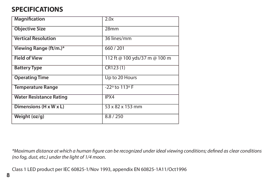 Bushnell 260228 instruction manual Specifications, Dimensions H x W x L 53 x 82 x 153 mm Weight oz/g 