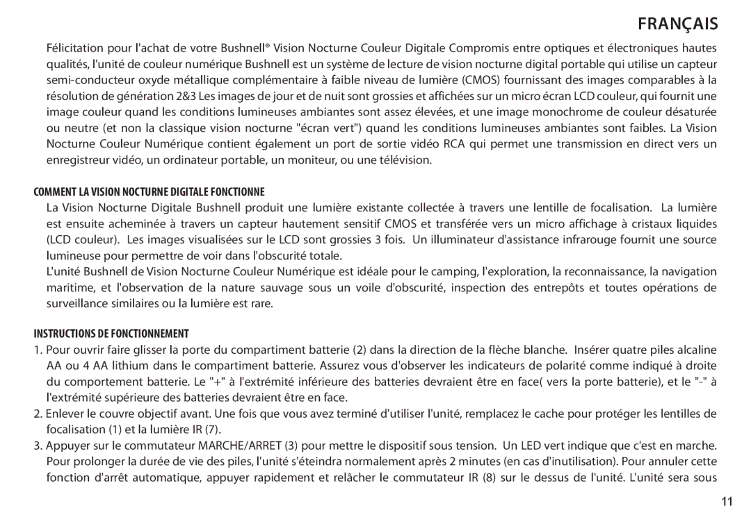 Bushnell 260333, 260332 instruction manual Comment LA Vision Nocturne Digitale Fonctionne, Instructions DE Fonctionnement 