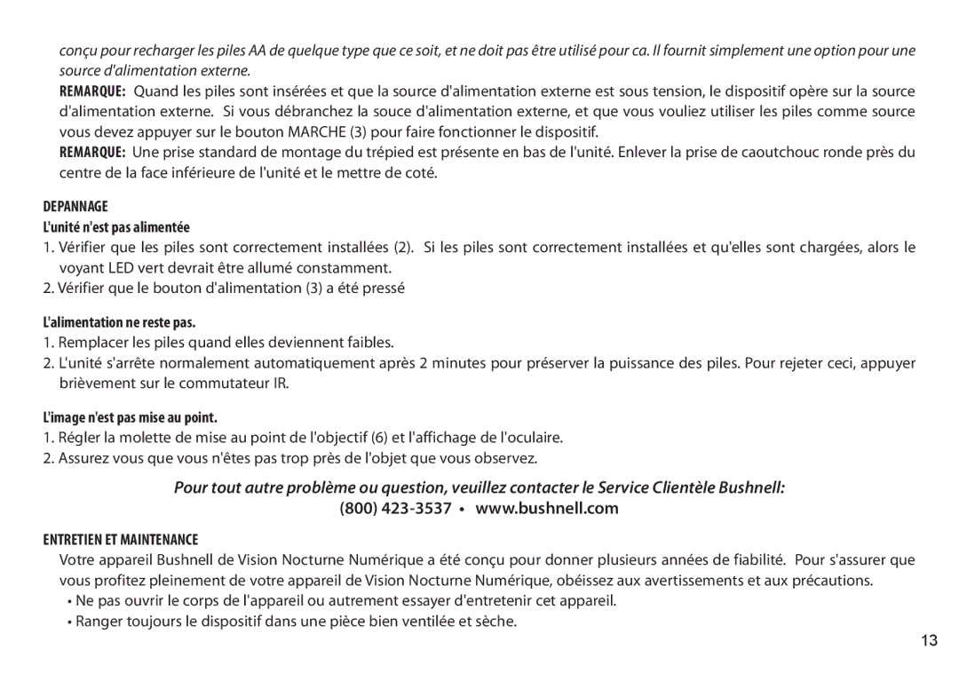 Bushnell 260333, 260332 Depannage, Lunité nest pas alimentée, Lalimentation ne reste pas, Limage nest pas mise au point 