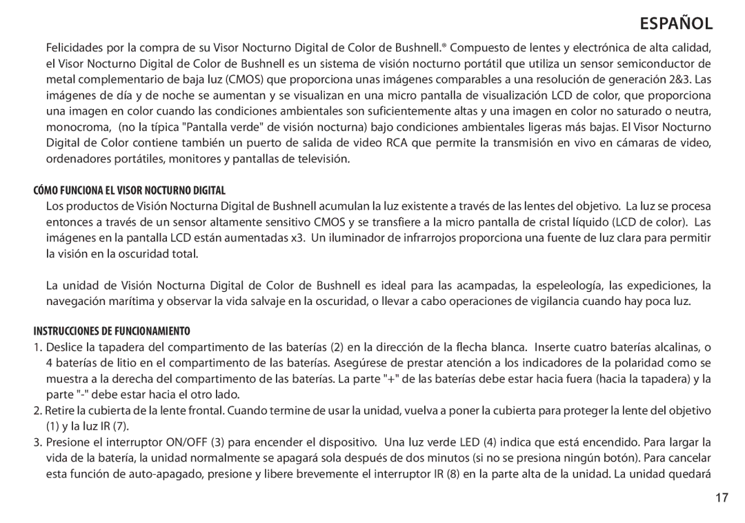 Bushnell 260333, 260332 instruction manual Cómo Funciona EL Visor Nocturno Digital, Instrucciones DE Funcionamiento 