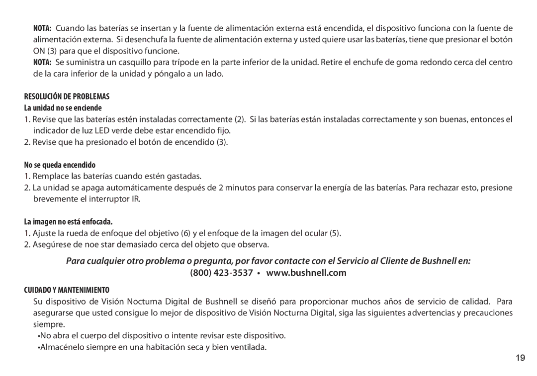 Bushnell 260333 Resolución DE Problemas, La unidad no se enciende, No se queda encendido, La imagen no está enfocada 