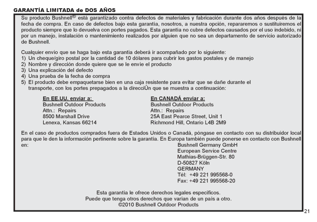 Bushnell 260333, 260332 instruction manual Garantía Limitada de DOS años, En EE.UU. enviar a En Canadá enviar a 
