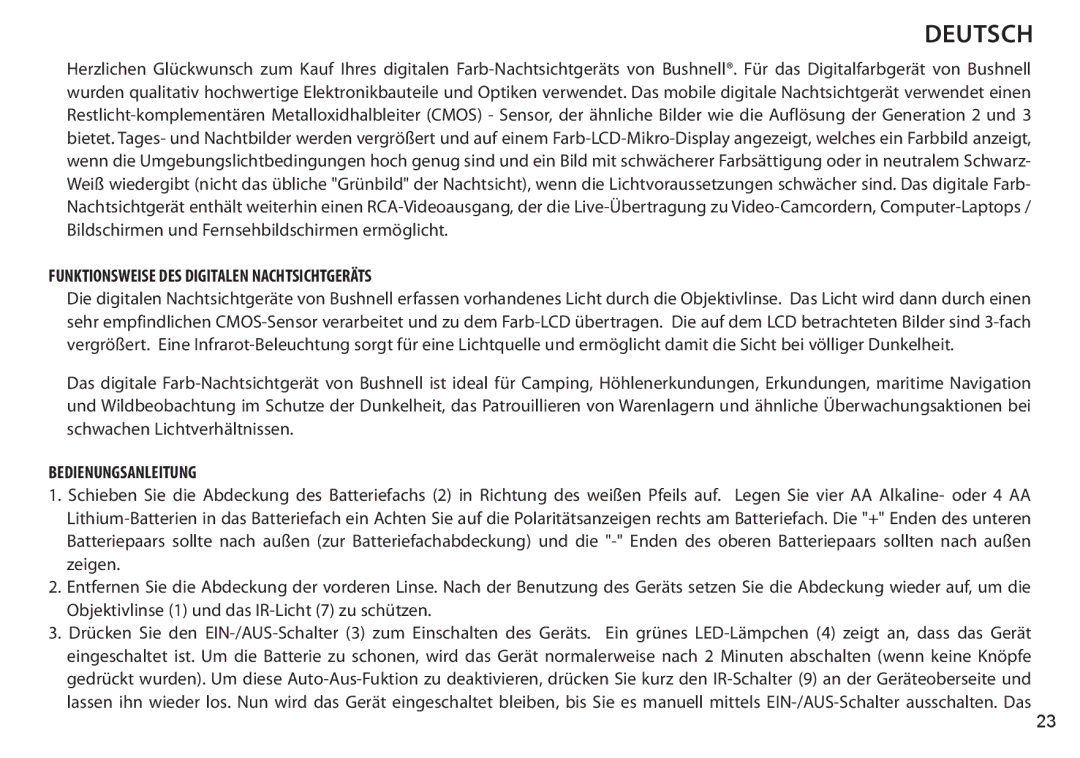 Bushnell 260333, 260332 instruction manual Funktionsweise DES Digitalen Nachtsichtgeräts, Bedienungsanleitung 