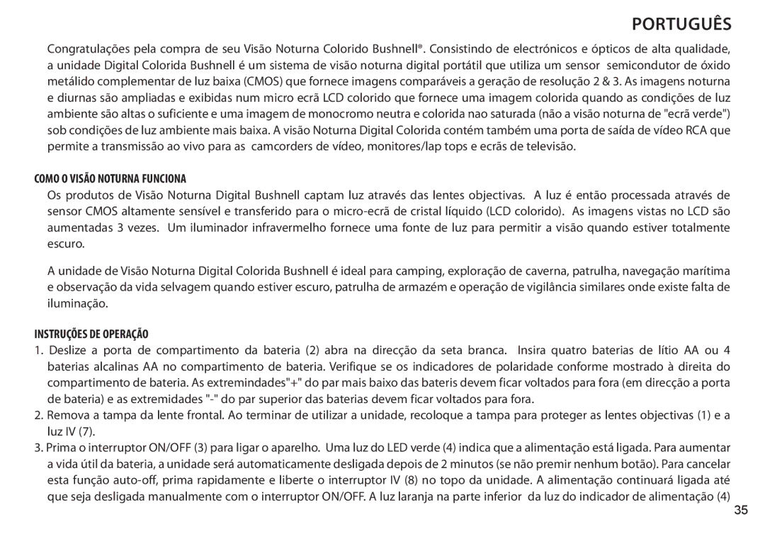 Bushnell 260333, 260332 instruction manual Como O Visão Noturna Funciona, Instruções DE Operação 