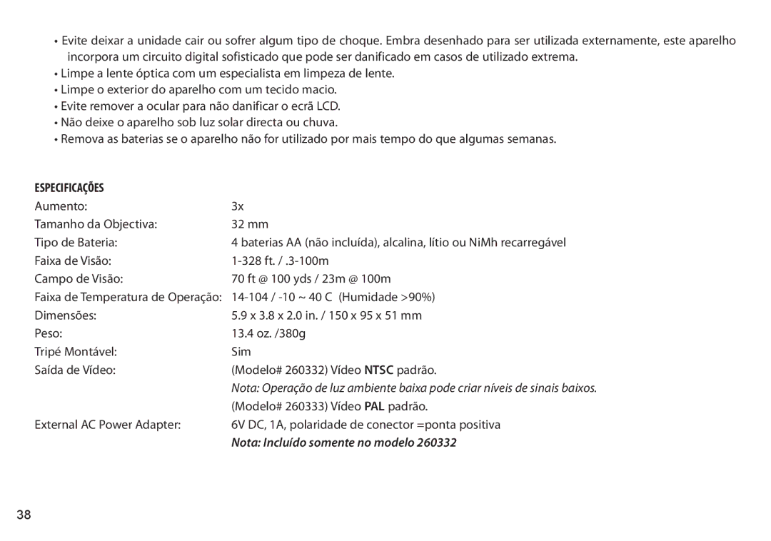 Bushnell 260332, 260333 instruction manual Especificações, Nota Incluído somente no modelo 